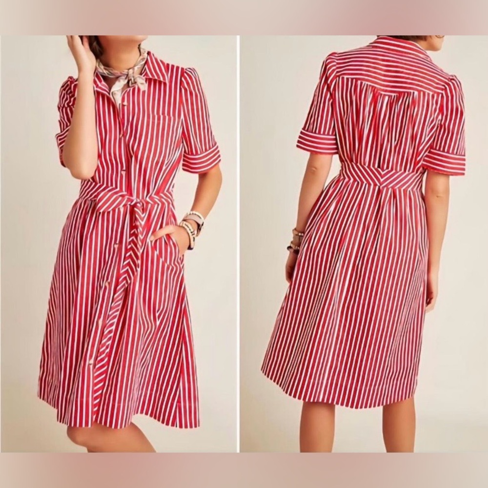 Anthropologie Maeve Kiana Red & White Striped Midi Dress Sz S Button Front - Picture 3 of 15
